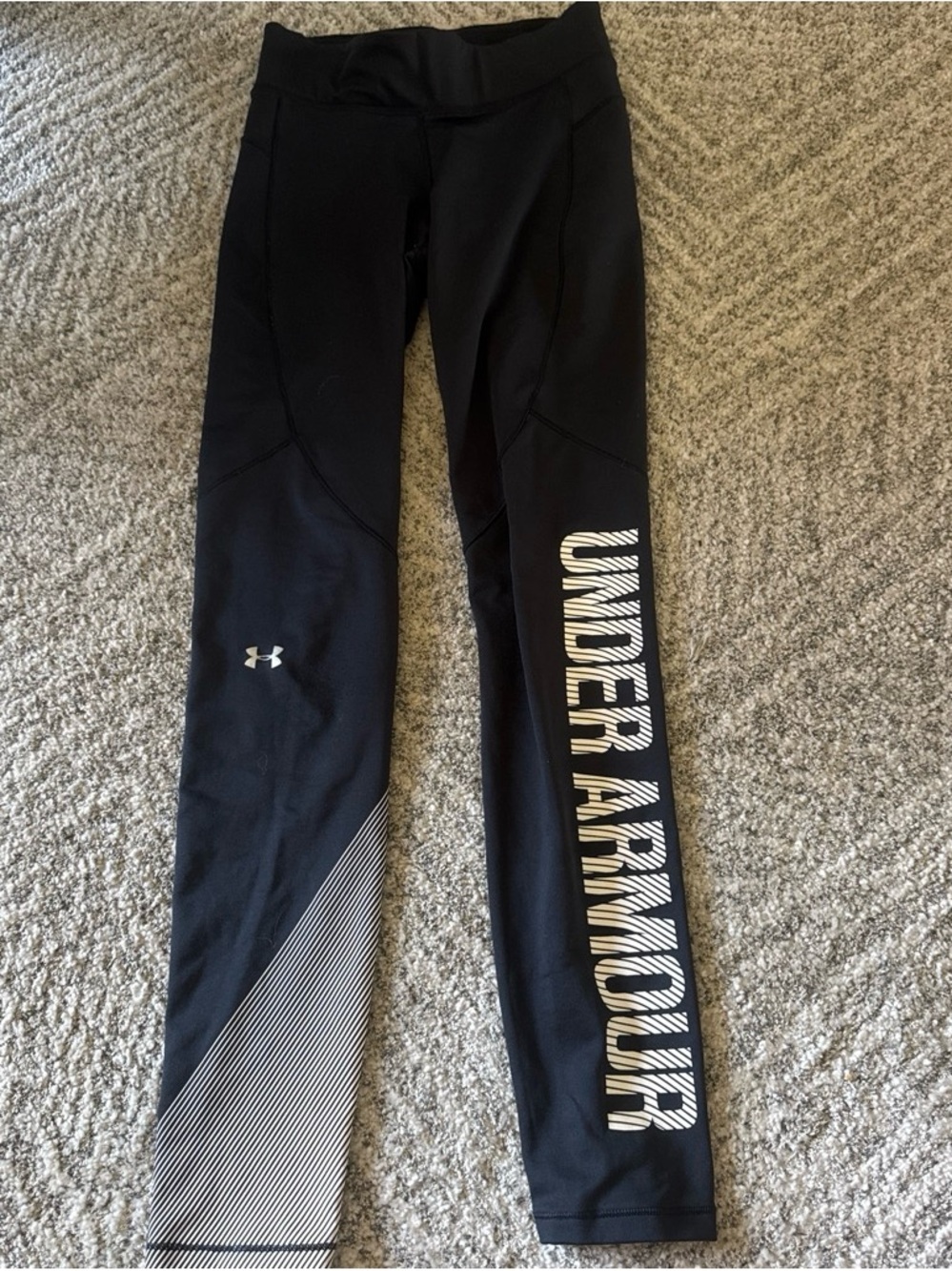 Women’s Cold Gear Under Armour Black Leggings with White Logo and Striped Accent